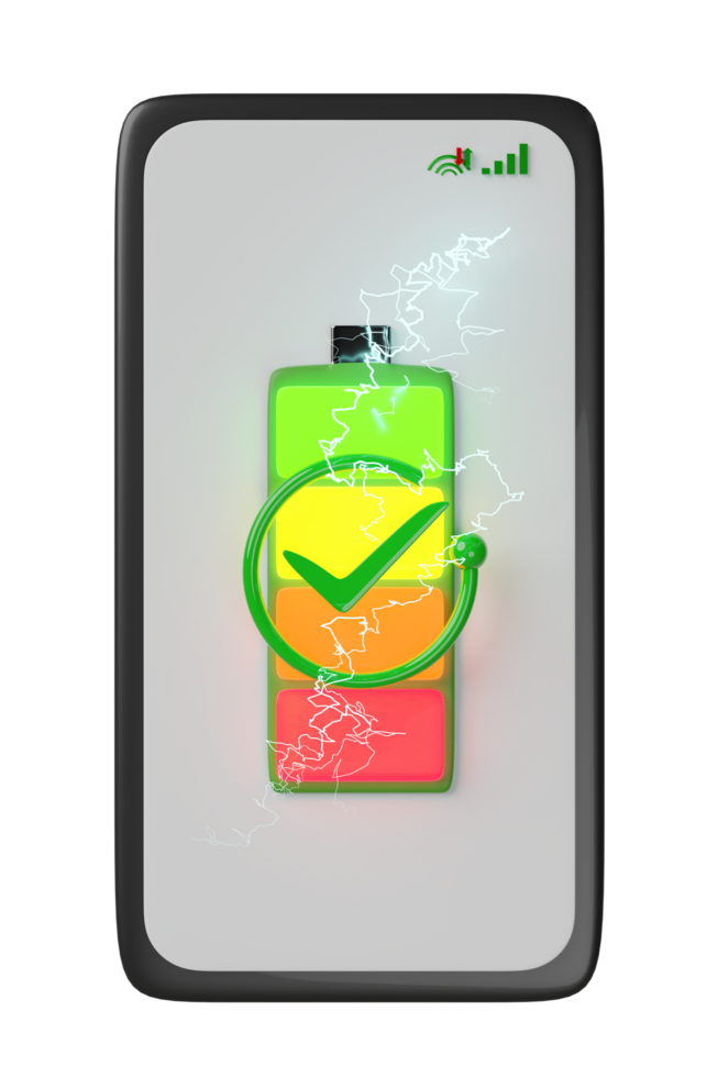 3d smartphone or mobile phone charging with battery charge indicator, check mark, thunder isolated. charging battery technology concept, 3d render illustration png