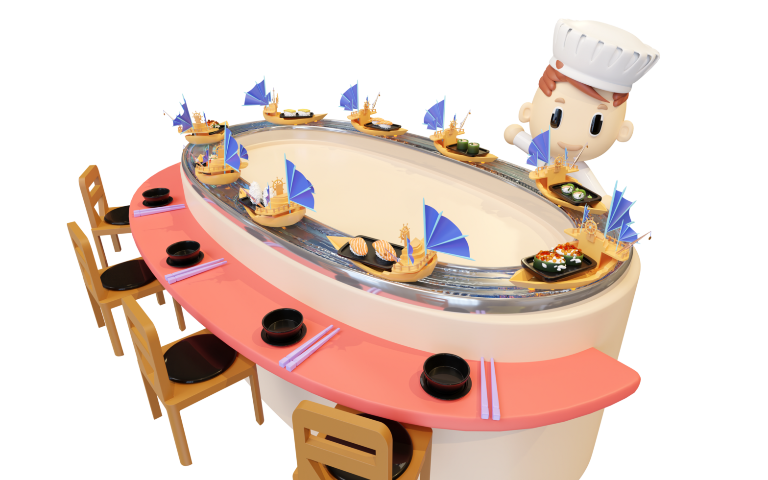 Japanese restaurant with sushi in the boat that runs around in the gutter isolated. conveyor belt sushi concept, 3d render illustration png