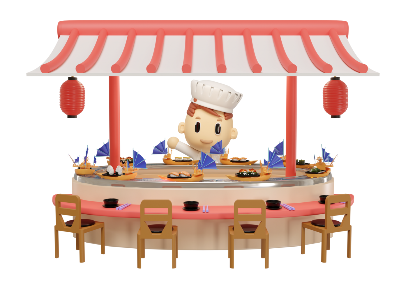 Japanese restaurant with sushi in the boat that runs around in the gutter isolated. conveyor belt sushi concept, 3d render illustration png