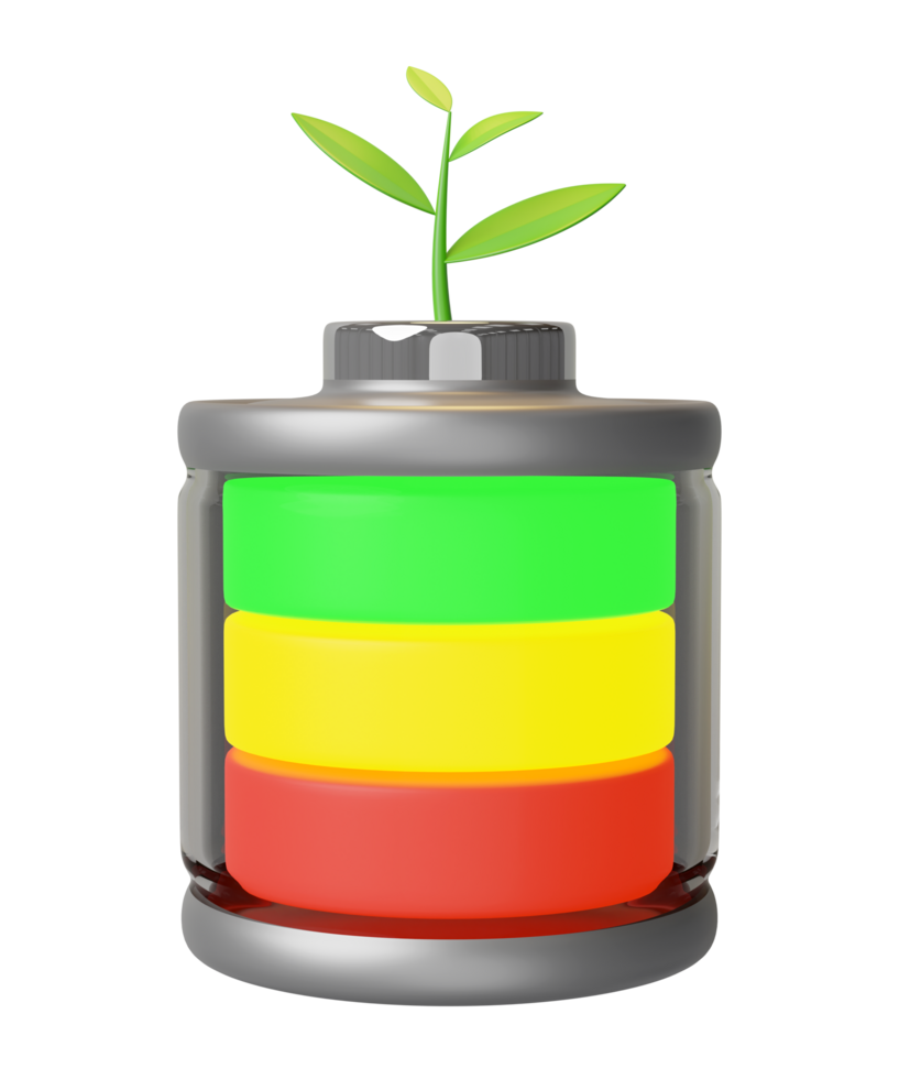 alkaline battery charge indicator with tree isolated. charging battery technology concept, 3d illustration render png