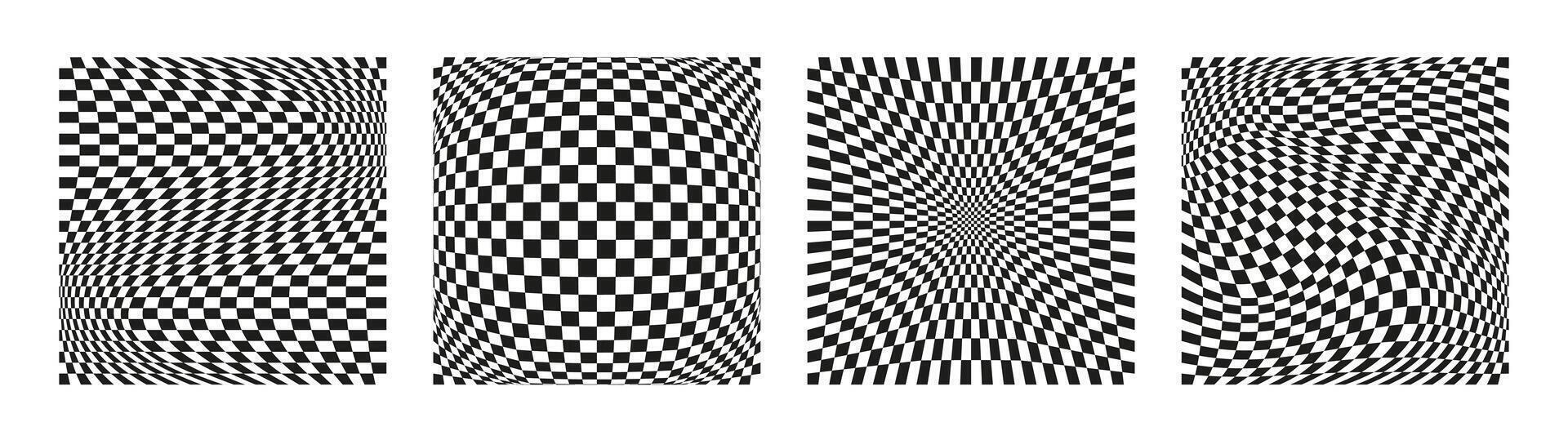 Black and white abstract square backgrounds. Geometric checkered board. Optical illusion, modern art. Psychedelic groovy swirls. Hippie covers, posters, cards, banners. illustration. vector