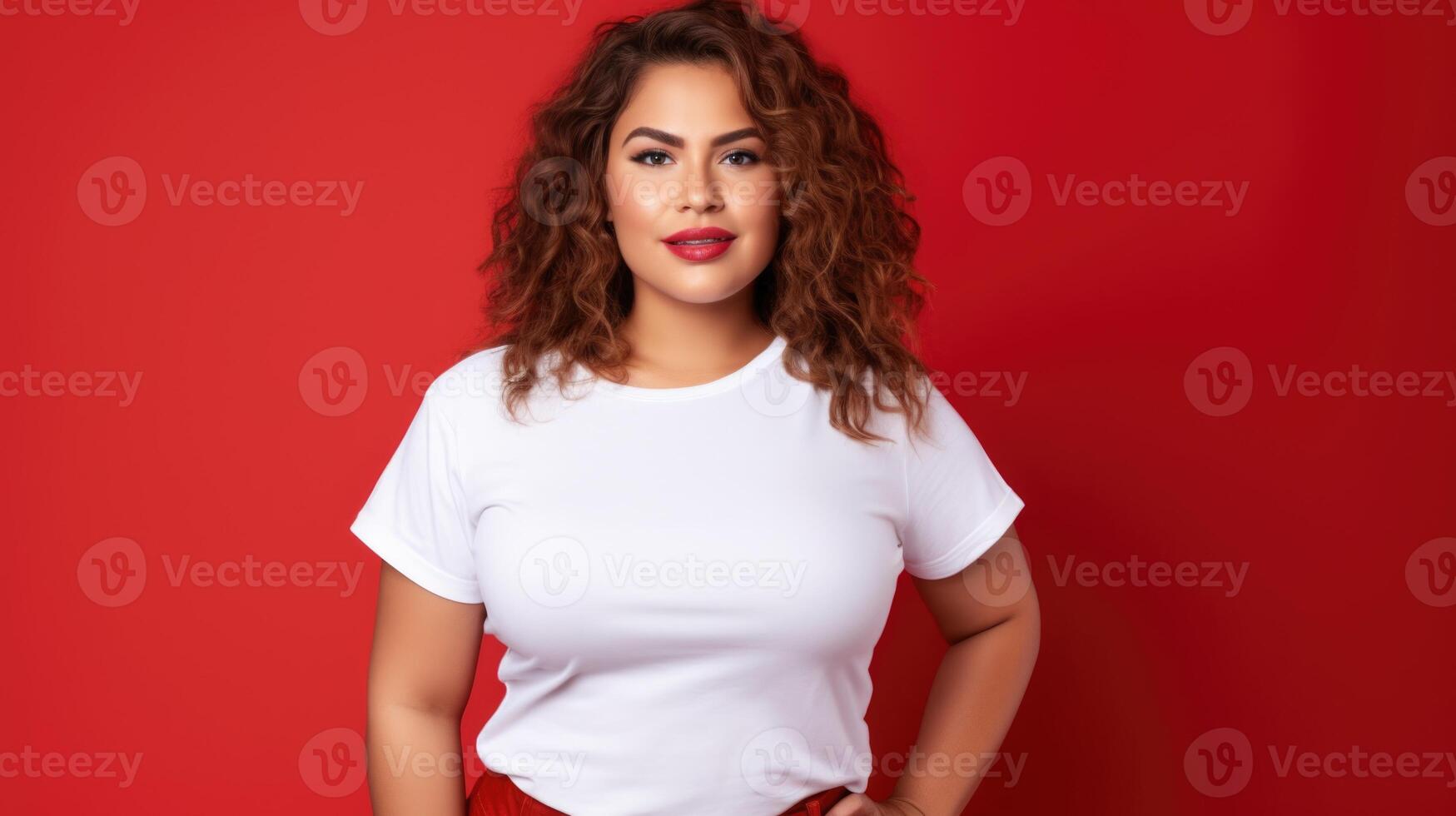 joyful young hispanic plus size body positive female woman girl 30s in white blank design casual t-shirt posing color background studio portrait, ai photo