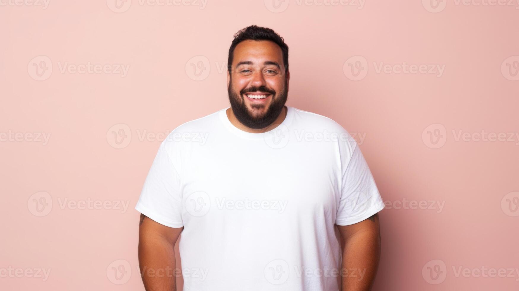 joyful young hispanic plus size body positive male man boy guy 30s in white blank design casual t-shirt posing color background studio portrait, ai photo