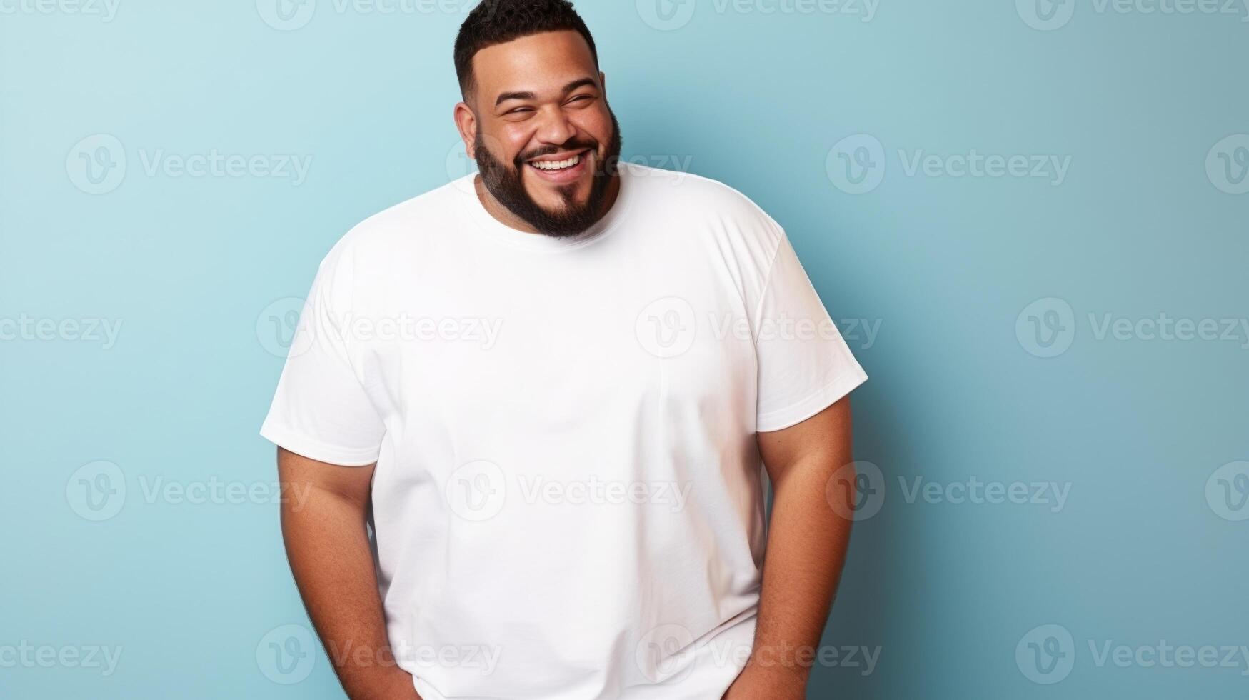 joyful young hispanic plus size body positive male man boy guy 30s in white blank design casual t-shirt posing color background studio portrait, ai photo