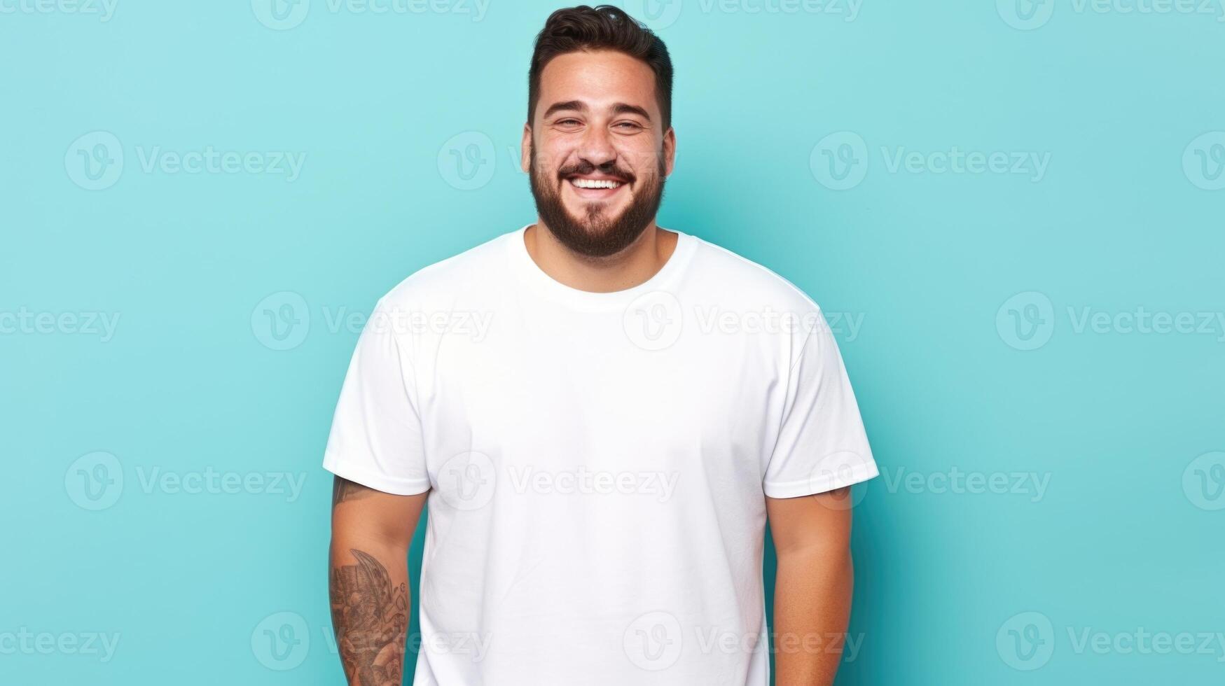 joyful young hispanic plus size body positive male man boy guy 30s in white blank design casual t-shirt posing color background studio portrait, ai photo