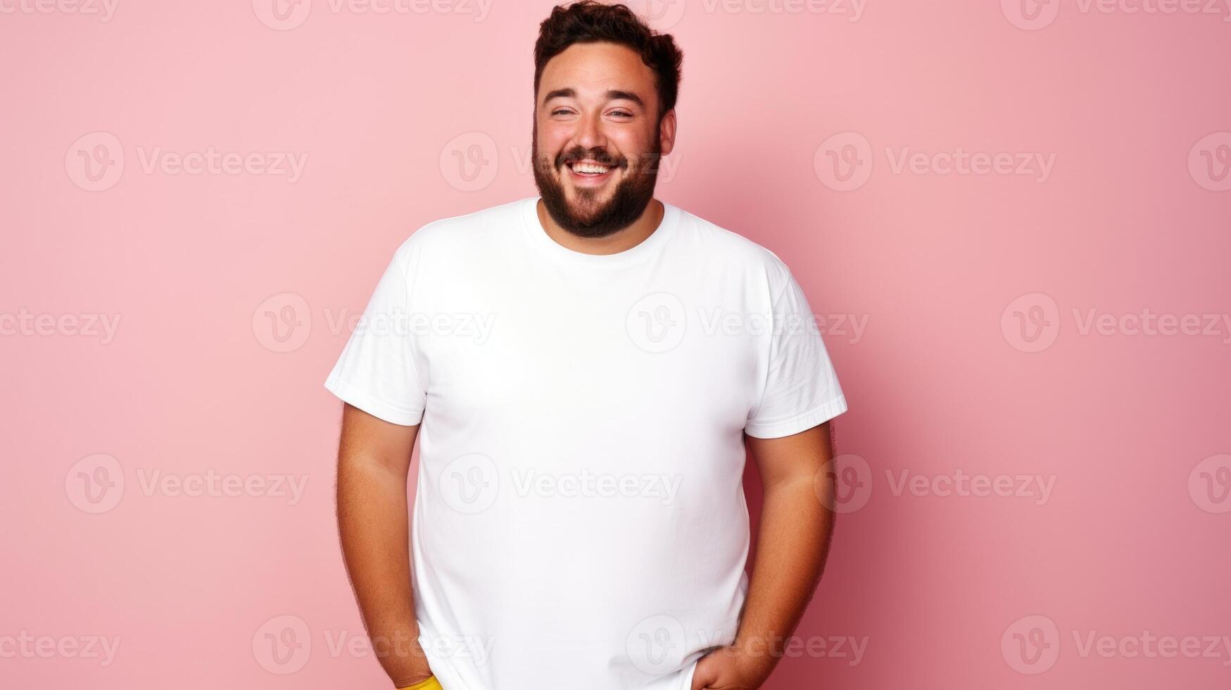 joyful young hispanic plus size body positive male man boy guy 30s in white blank design casual t-shirt posing color background studio portrait, ai photo
