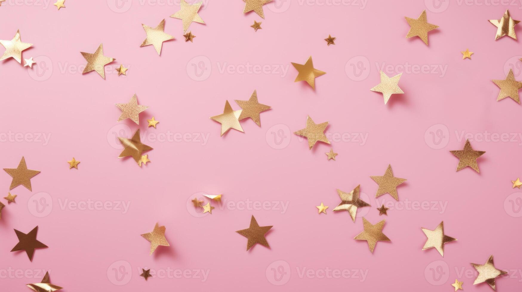 Gold star confetti on a pink background with space for text. Banner, poster, ai photo