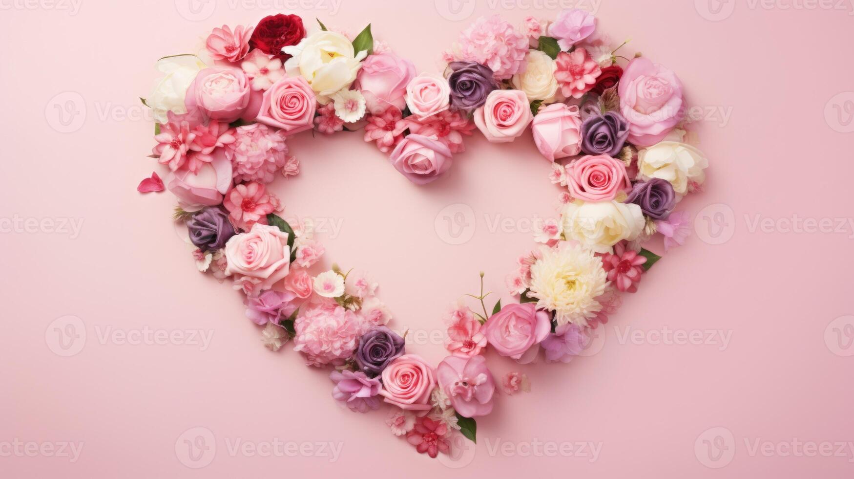heart shape rose ranunculus buttercup frame pink background, ai photo