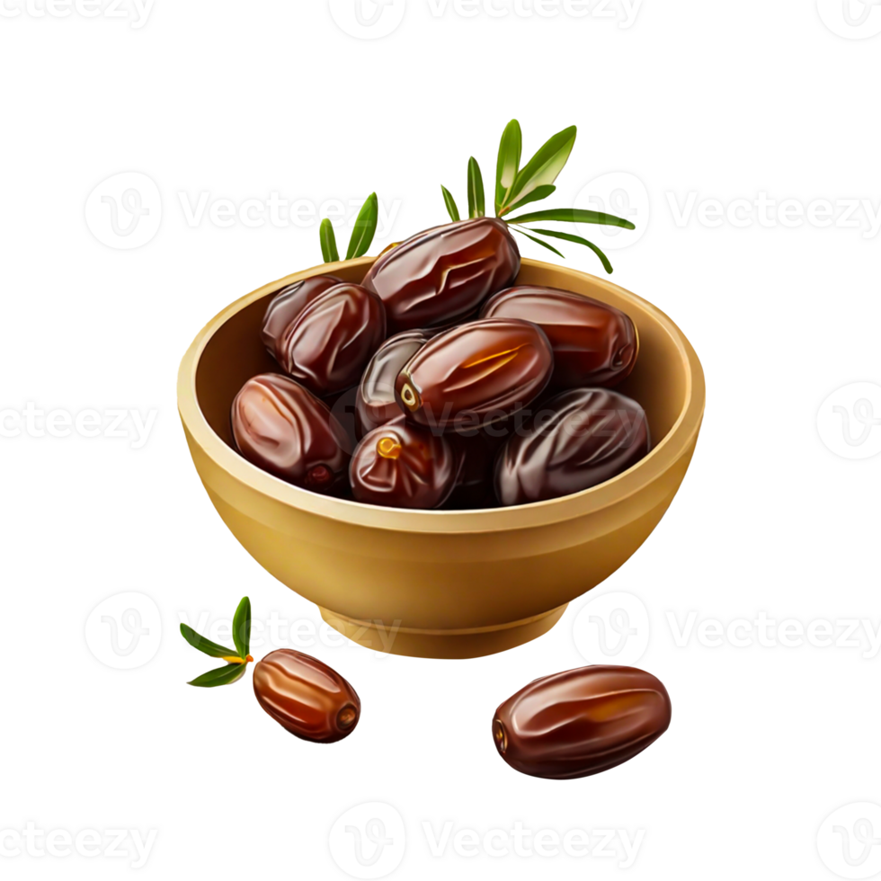 dates in a bowl with rosemary on a transparent background png