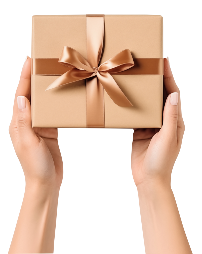 Female hand holding a brown gift box png