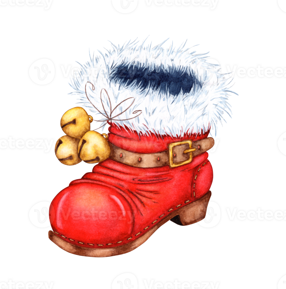 Red Santa shoe decorated with white fur and golden bells isolated from background. A symbol of the Christmas holiday, a traditional element of the New Year's costume of Santa Claus. Ideal for holiday png