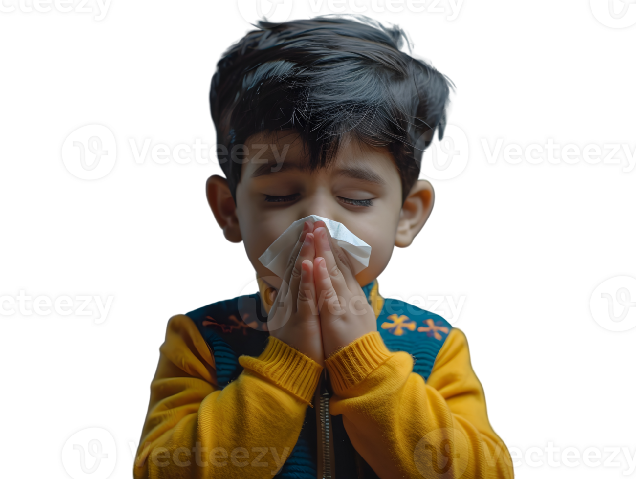 A little boy with a pale face sneezes and covers his nose with a tissue png