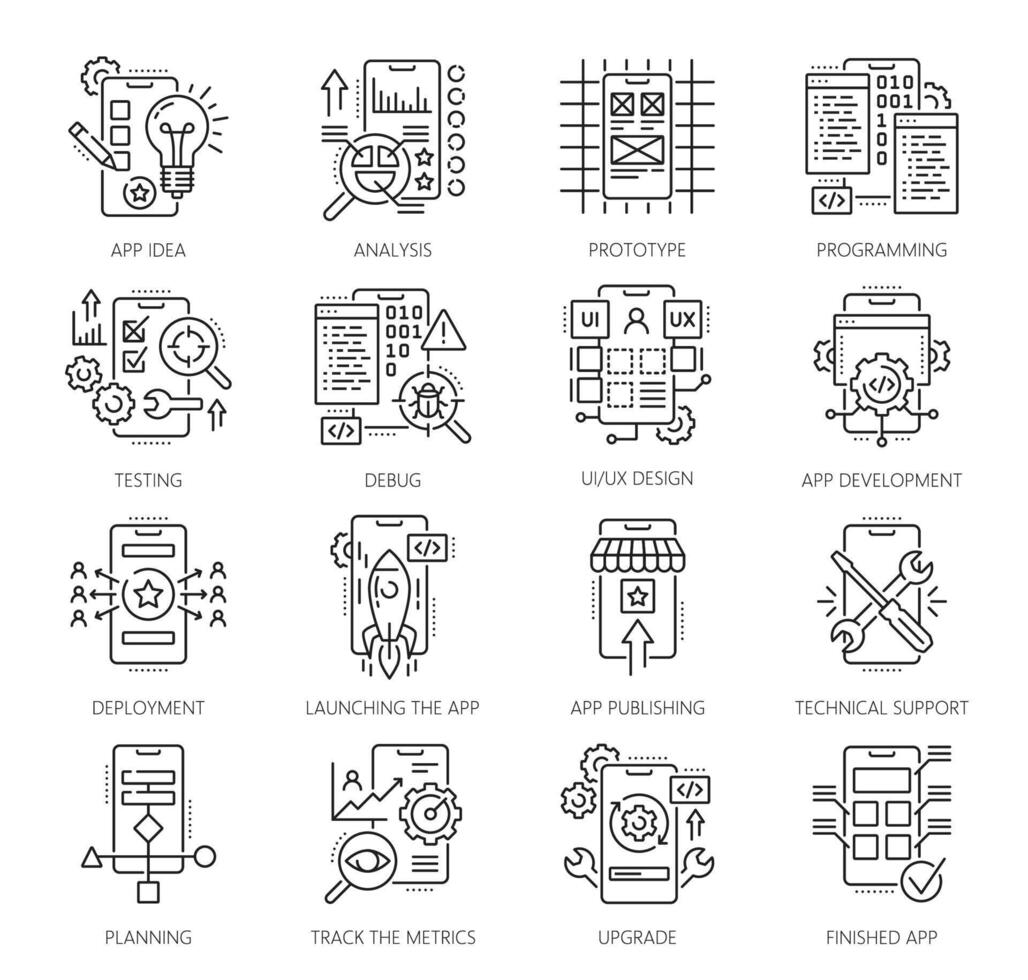 Web app development and optimization line icons vector