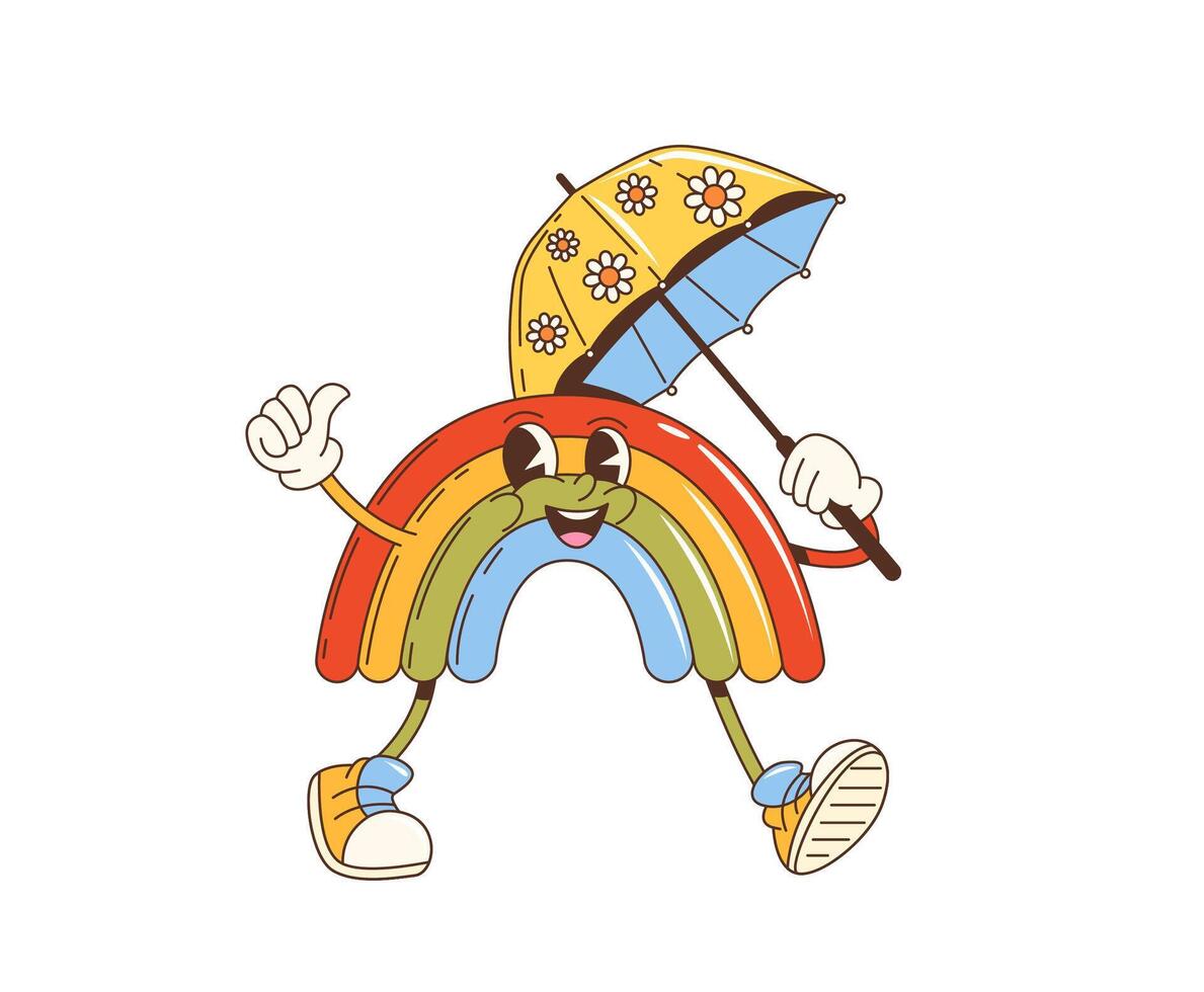 Cartoon groovy rainbow character with umbrella vector