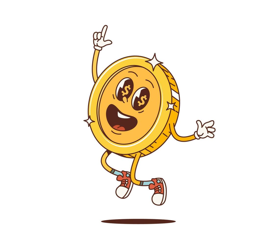 Cartoon retro groovy golden coin character, smile vector