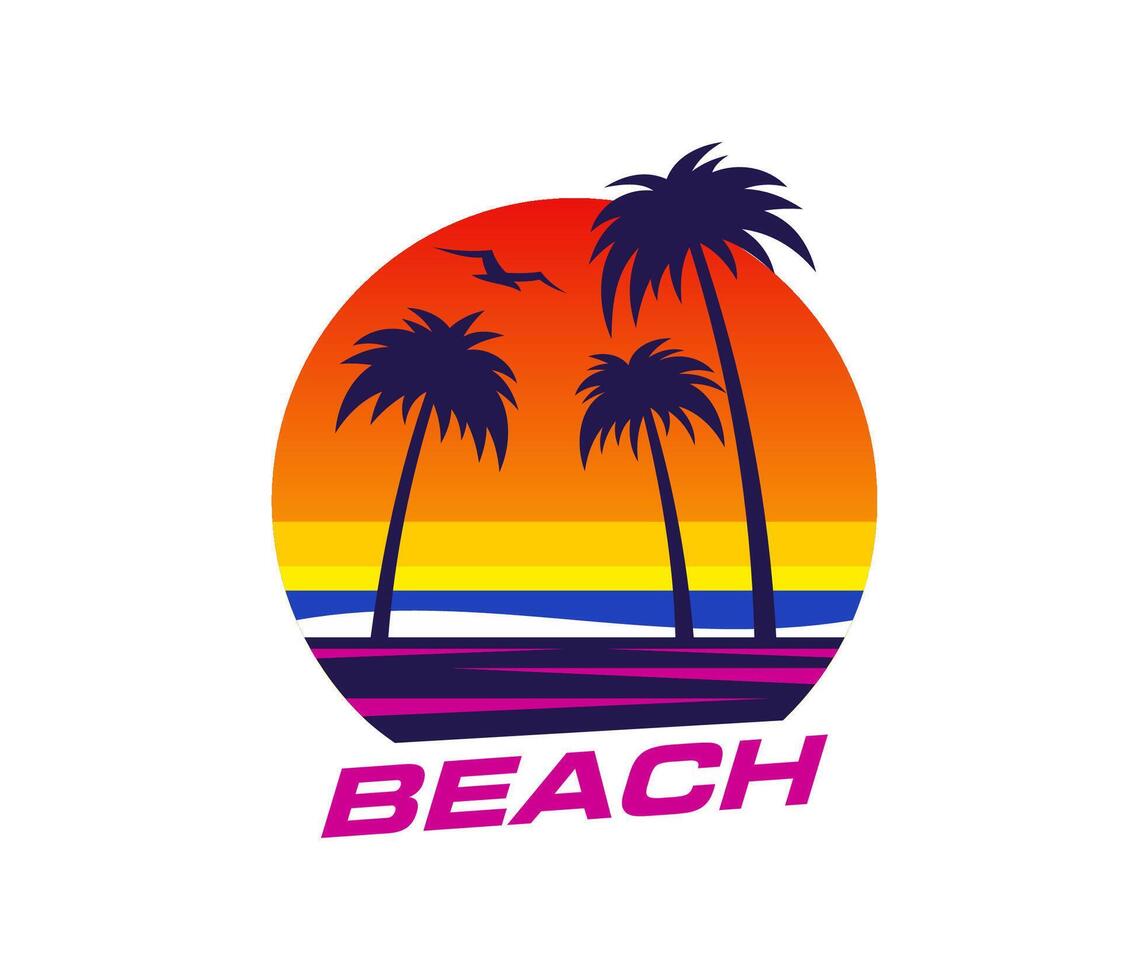 Summer tropical sunrise icons of beach, palms, sun vector