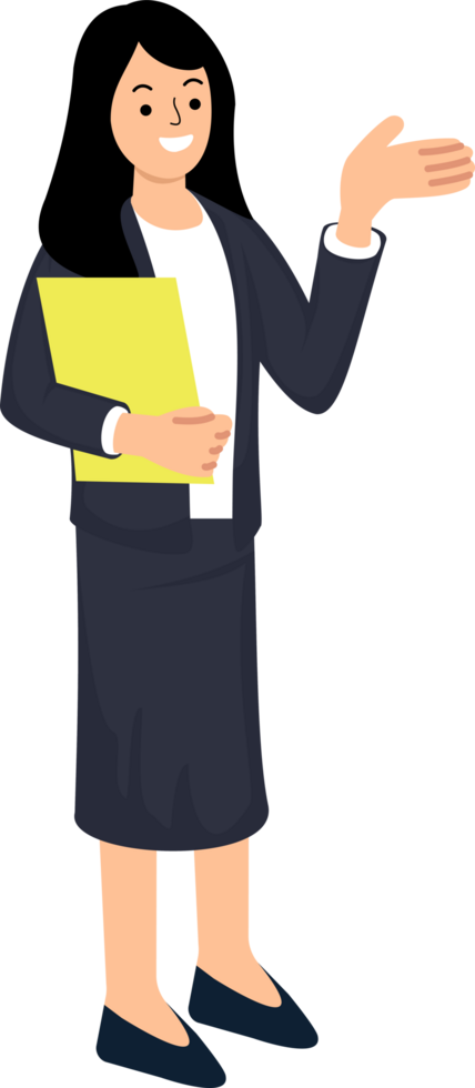 portrait businesswoman standing holding file with hands pointing finger to copyspace or advertising concept and announcement png