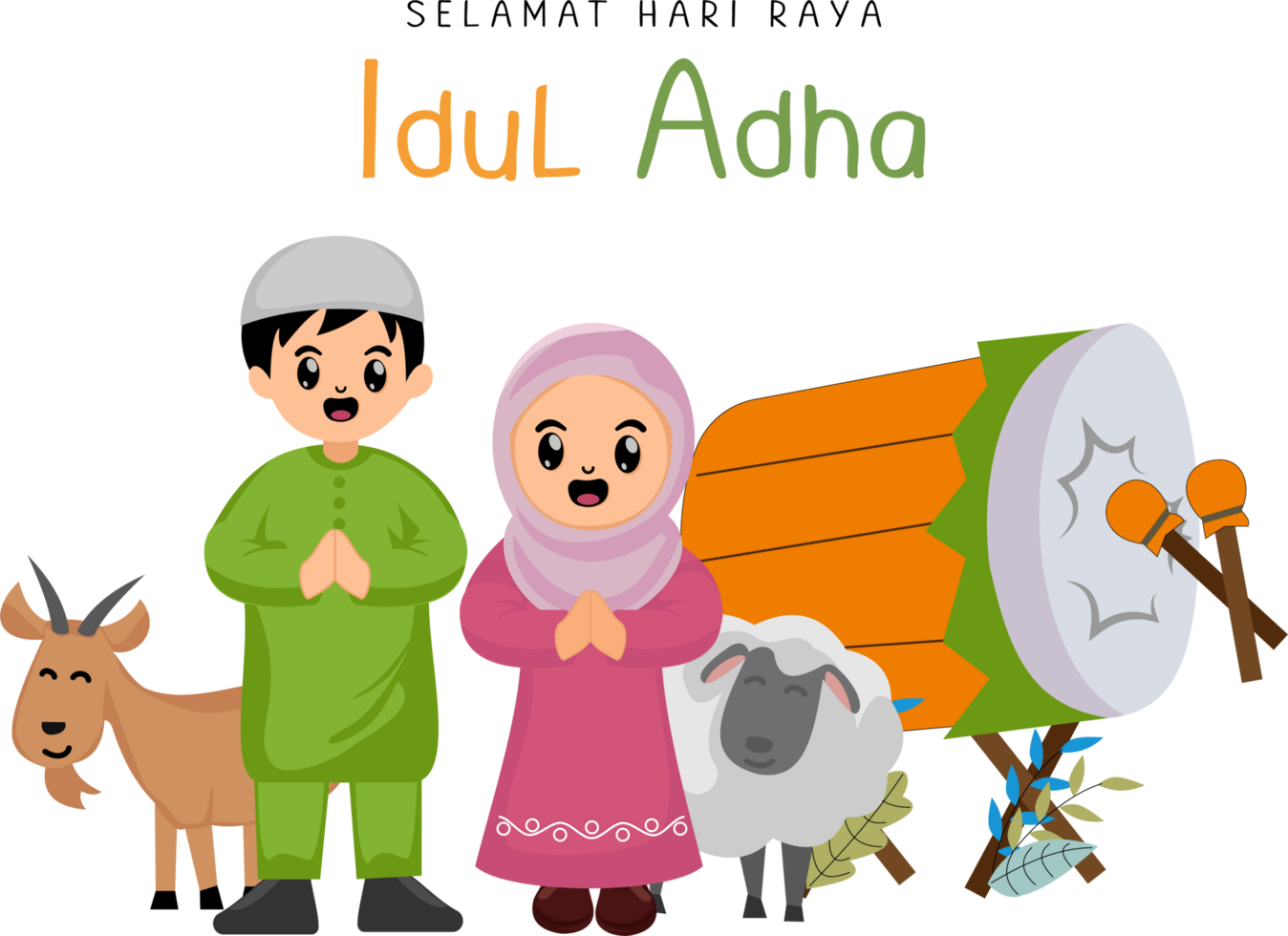 cute boy and girl muslim saying happy eid al adha mubarak with illustration of percussion and animal goat sacrificial png