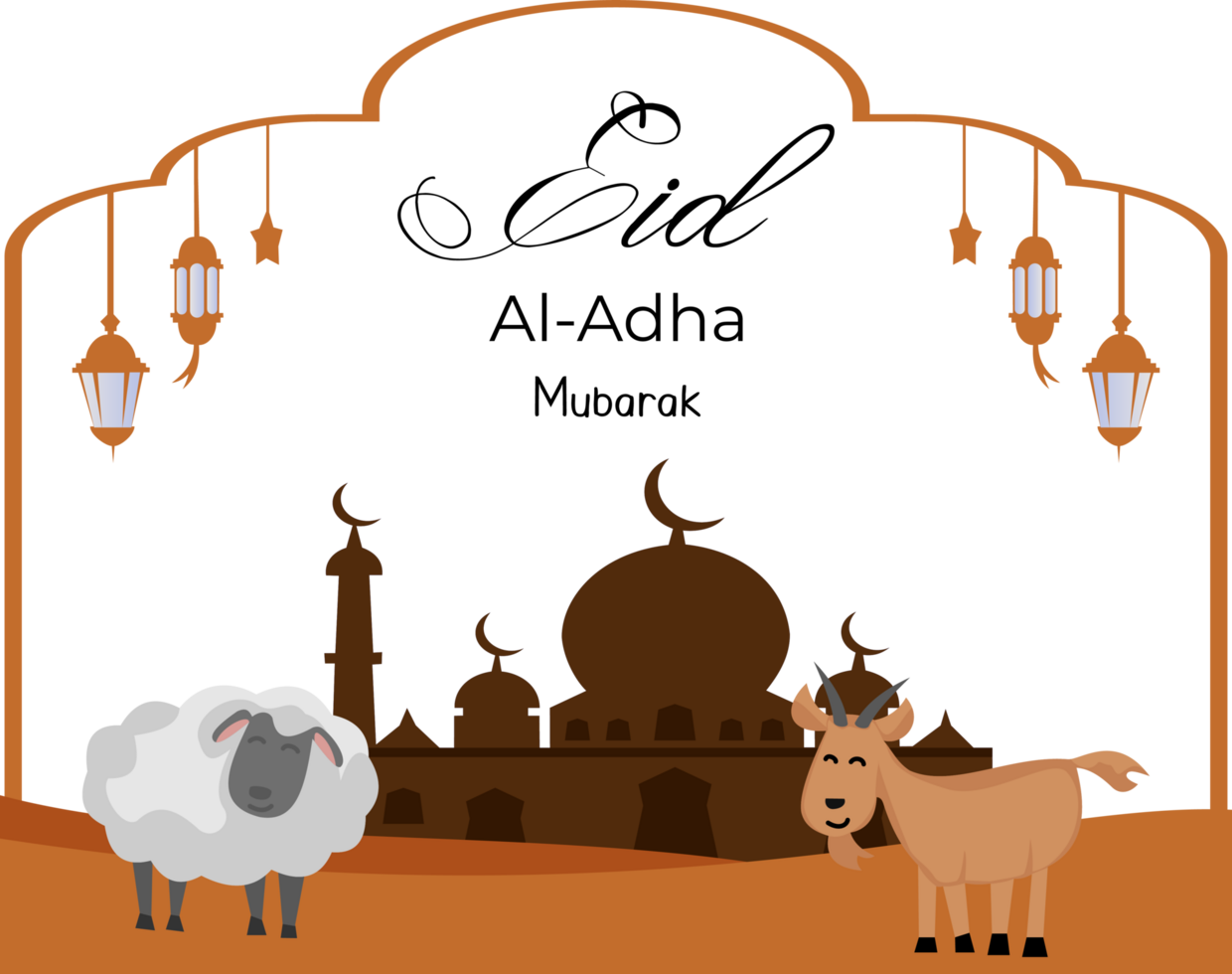 happy eid al adha background with illustration of mosque and animal goat and sheep sacrificial png