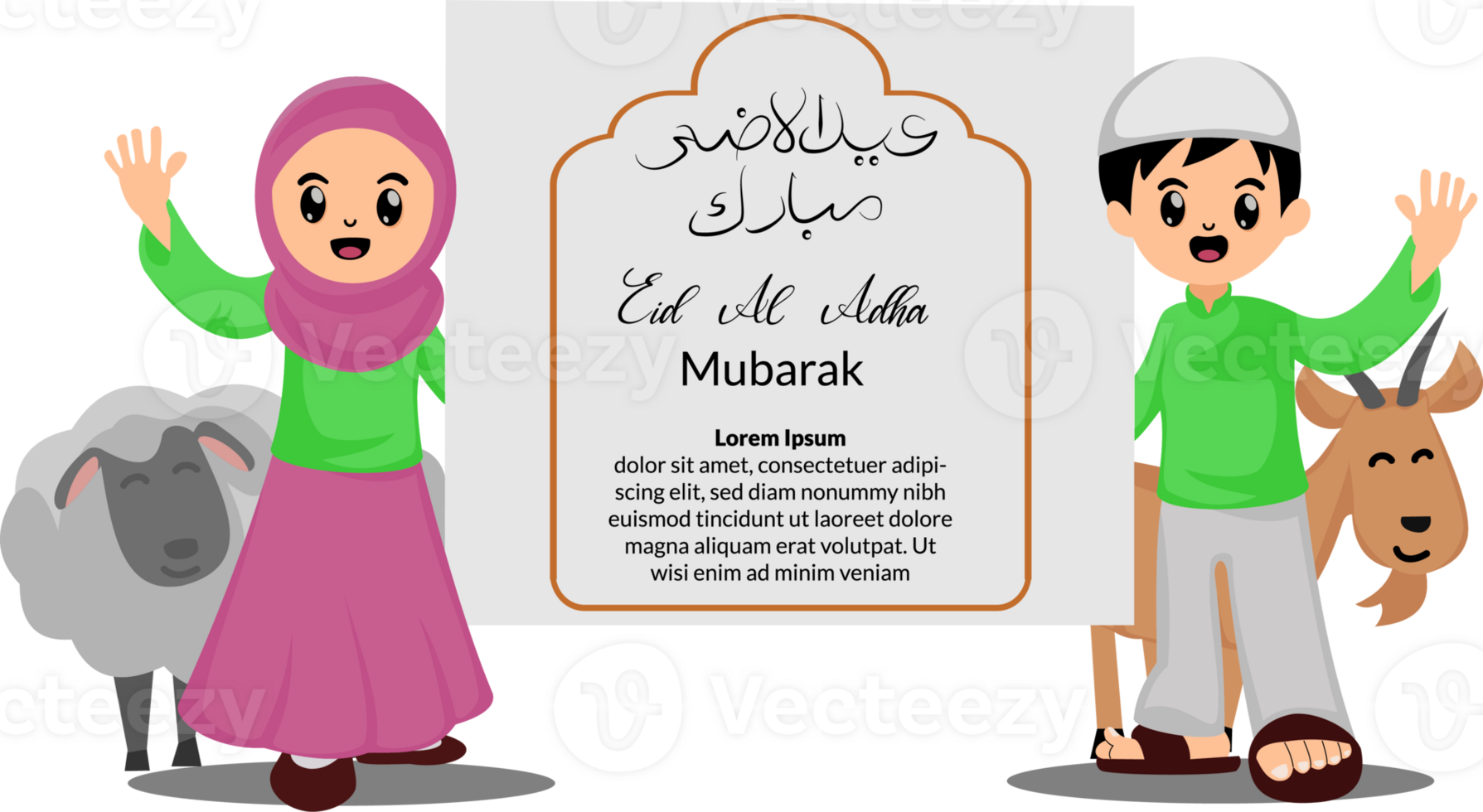 happy eid al adha greeting card with illustrations of cute muslims kids and sacrifice goats and sheep png