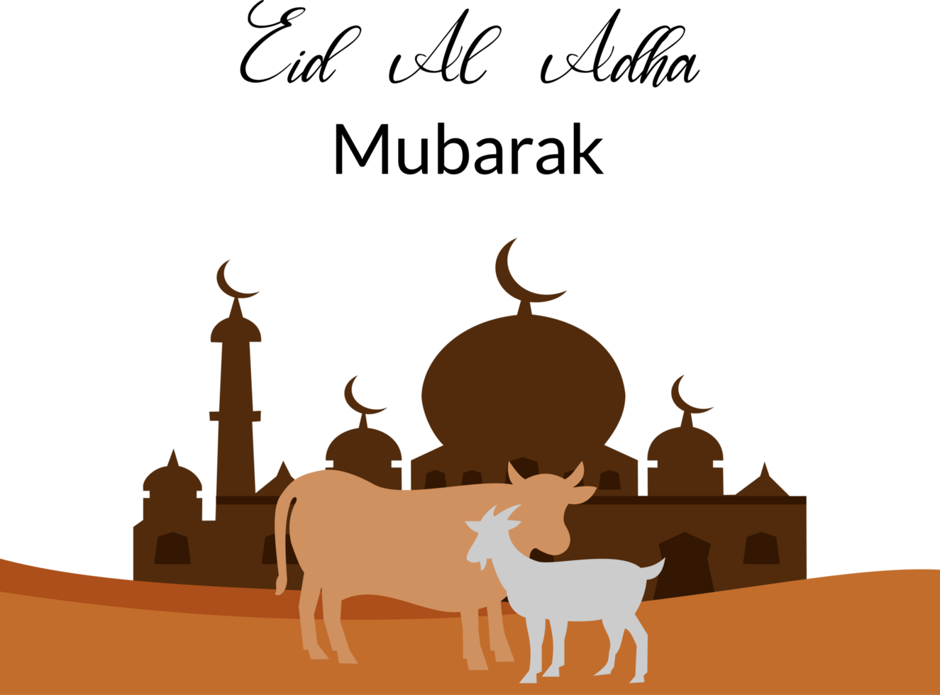 Flat background for islamic eid al-adha celebration with illustration of mosque and animal goat and cow sacrificial png