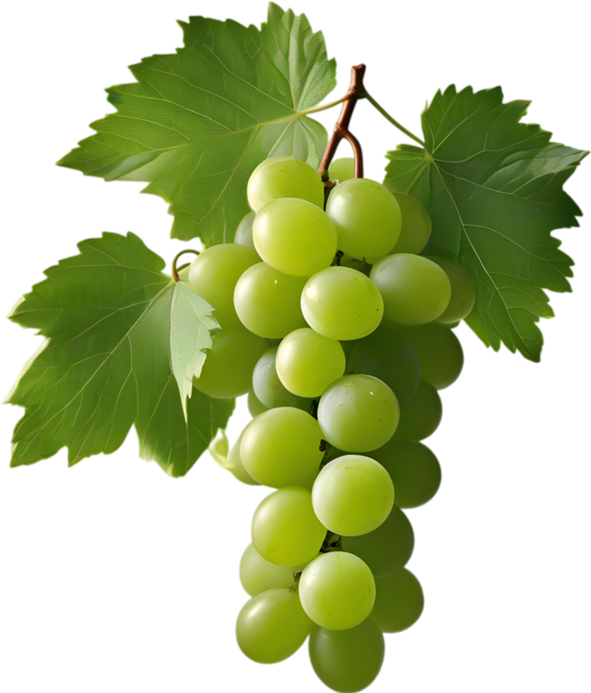 A bunch of green grapes with a green leaf attached. AI-Generated. png