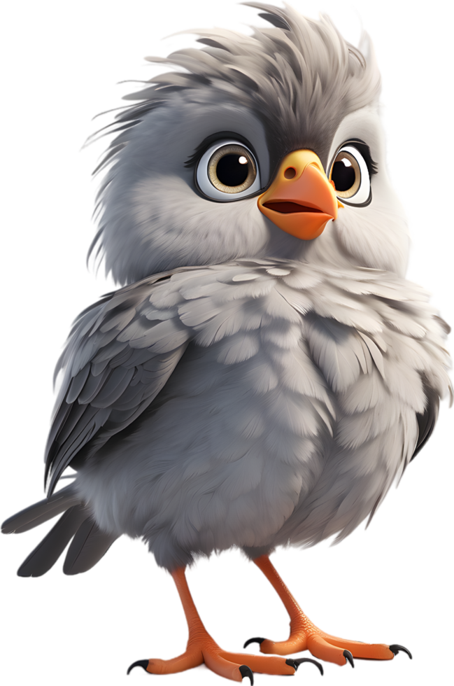 A cute cartoon-style bird with fuzzy gray feathers. AI-generated. png