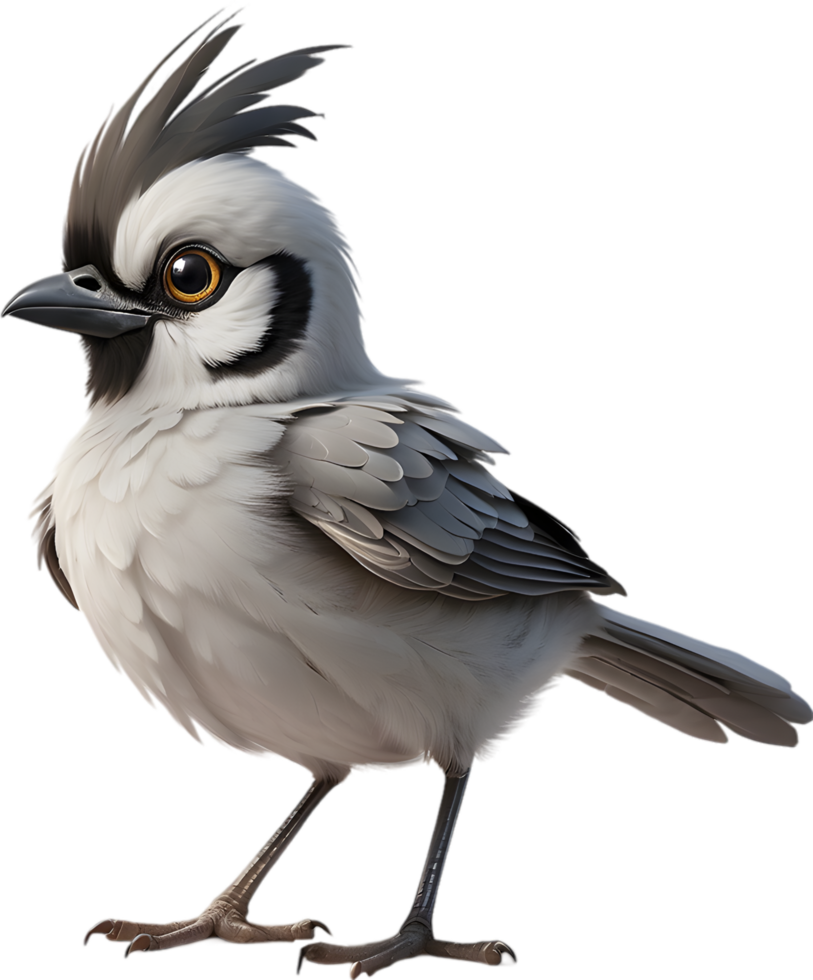 A cute cartoon-style bird with fuzzy gray feathers. AI-generated. png