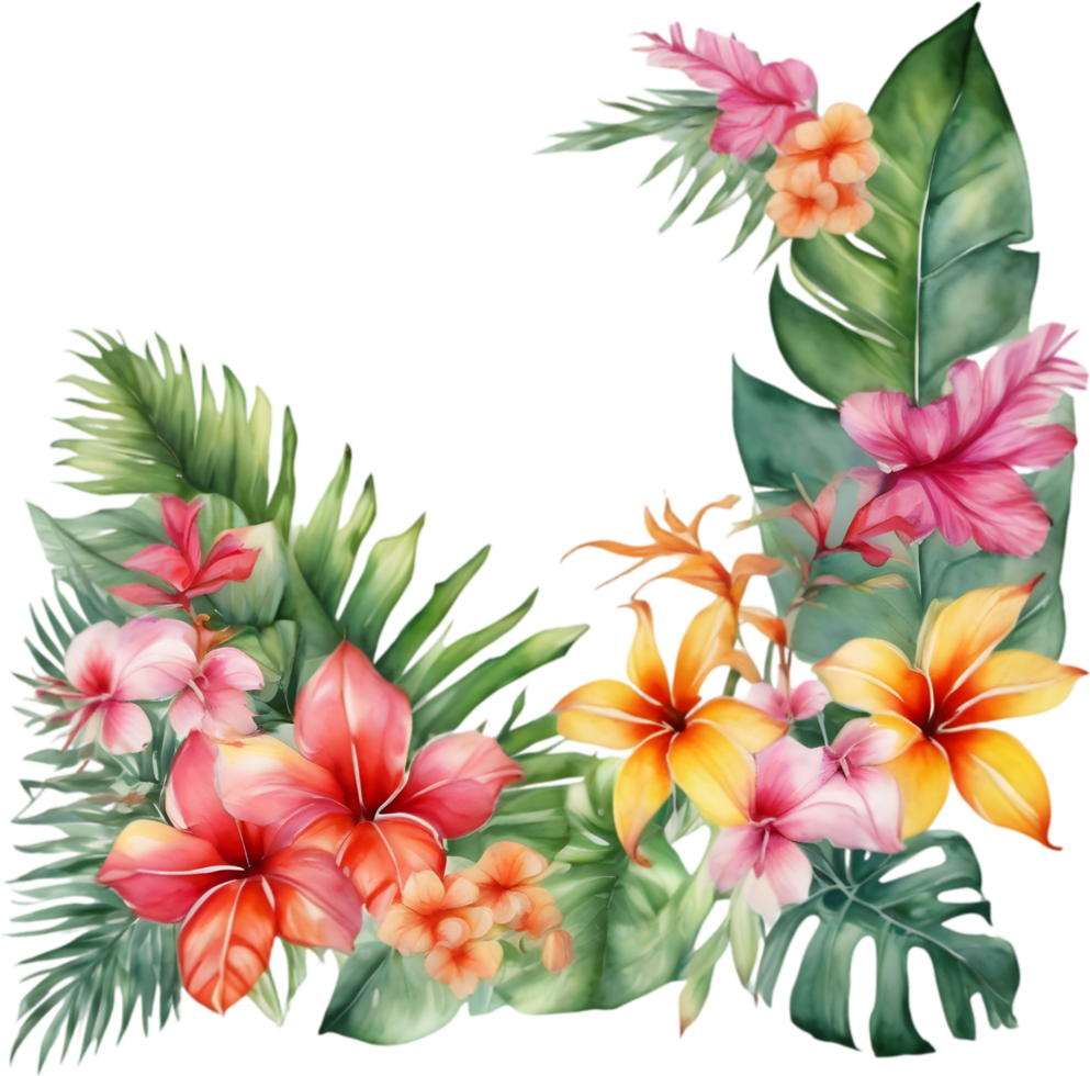Tropical leaves and vibrant flowers, floral frame. AI-Generated. png