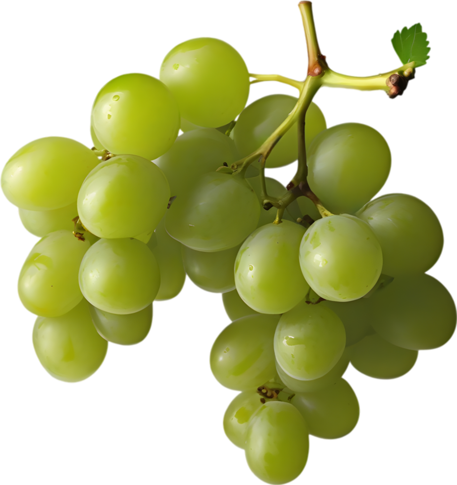 A bunch of green grapes with a green leaf attached. AI-Generated. png
