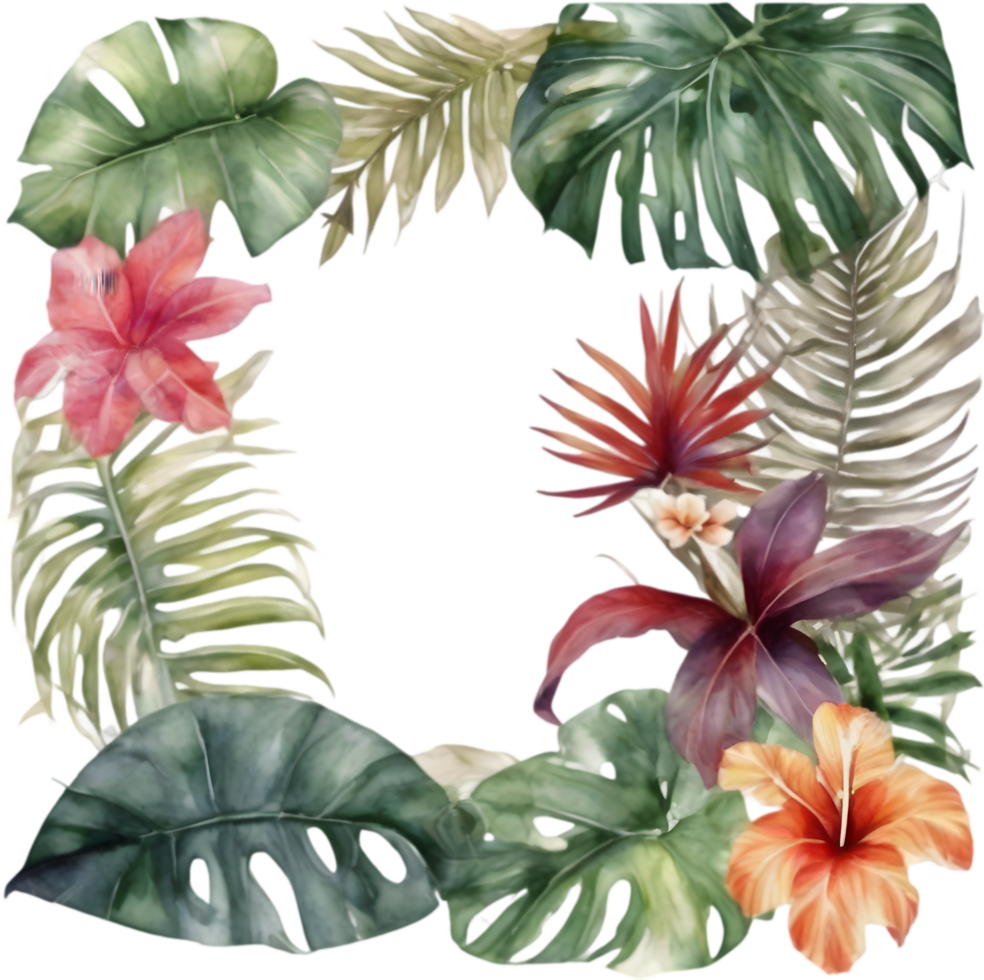 Tropical leaves and vibrant flowers, floral frame. AI-Generated. png