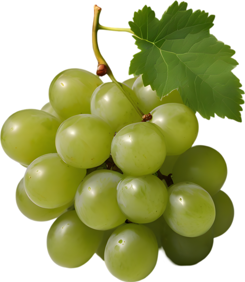 A bunch of green grapes with a green leaf attached. AI-Generated. png