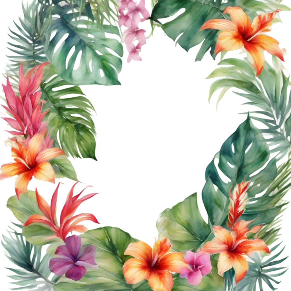 Tropical leaves and vibrant flowers, floral frame. AI-Generated. png