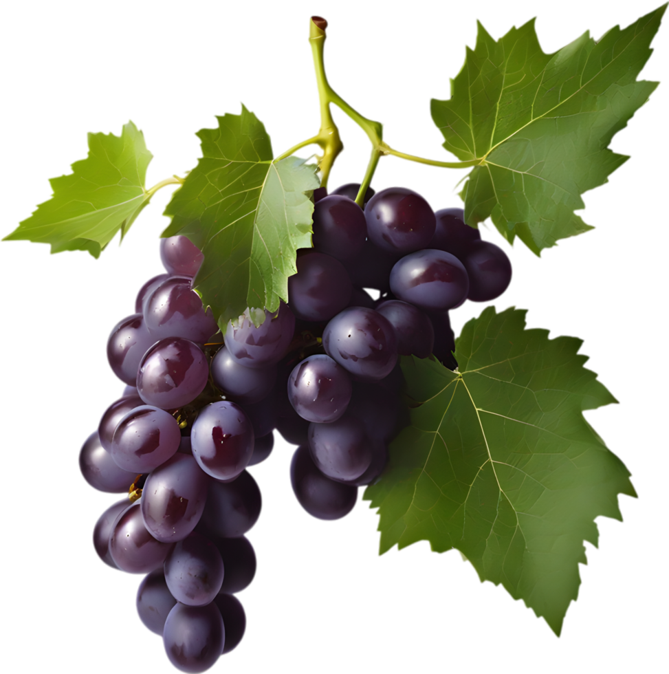 A bunch of dark purple grapes with a green leaf attached. AI-Generated. png