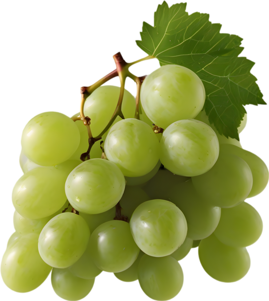 A bunch of green grapes with a green leaf attached. AI-Generated. png