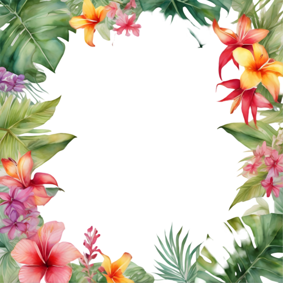 Tropical leaves and vibrant flowers, floral frame. AI-Generated. png