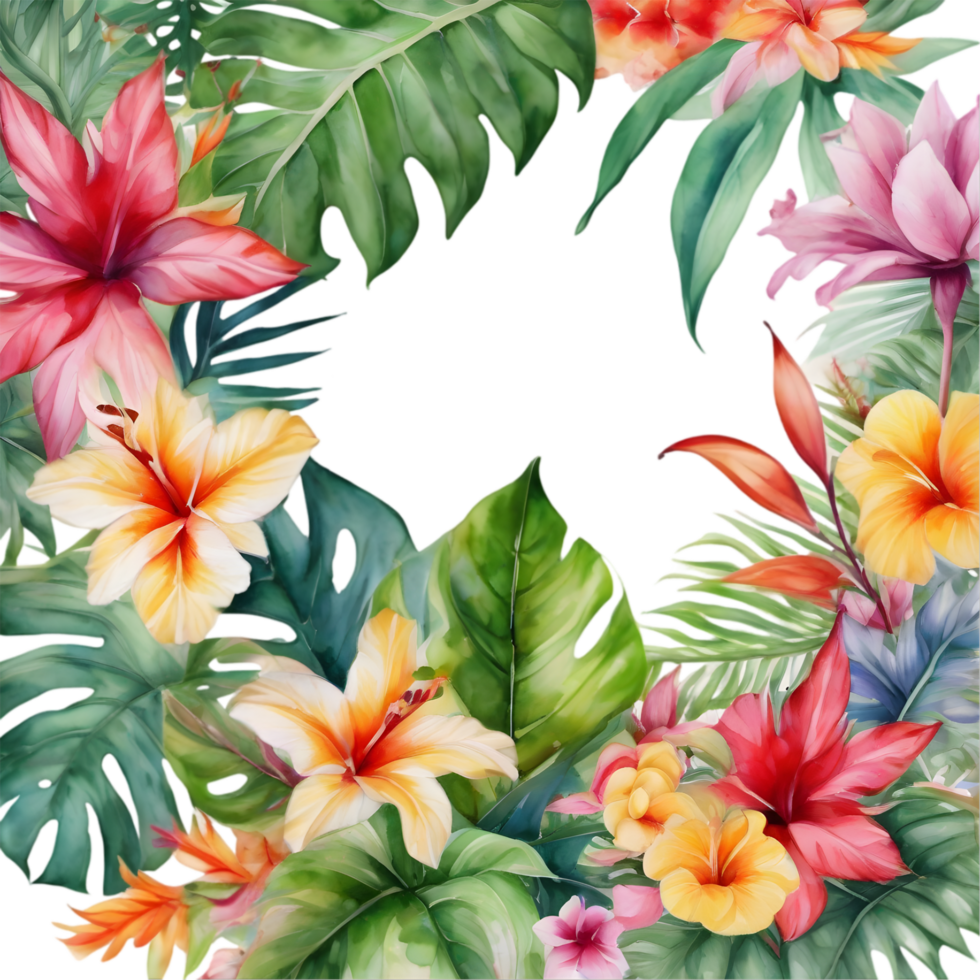 Tropical leaves and vibrant flowers, floral frame. AI-Generated. png