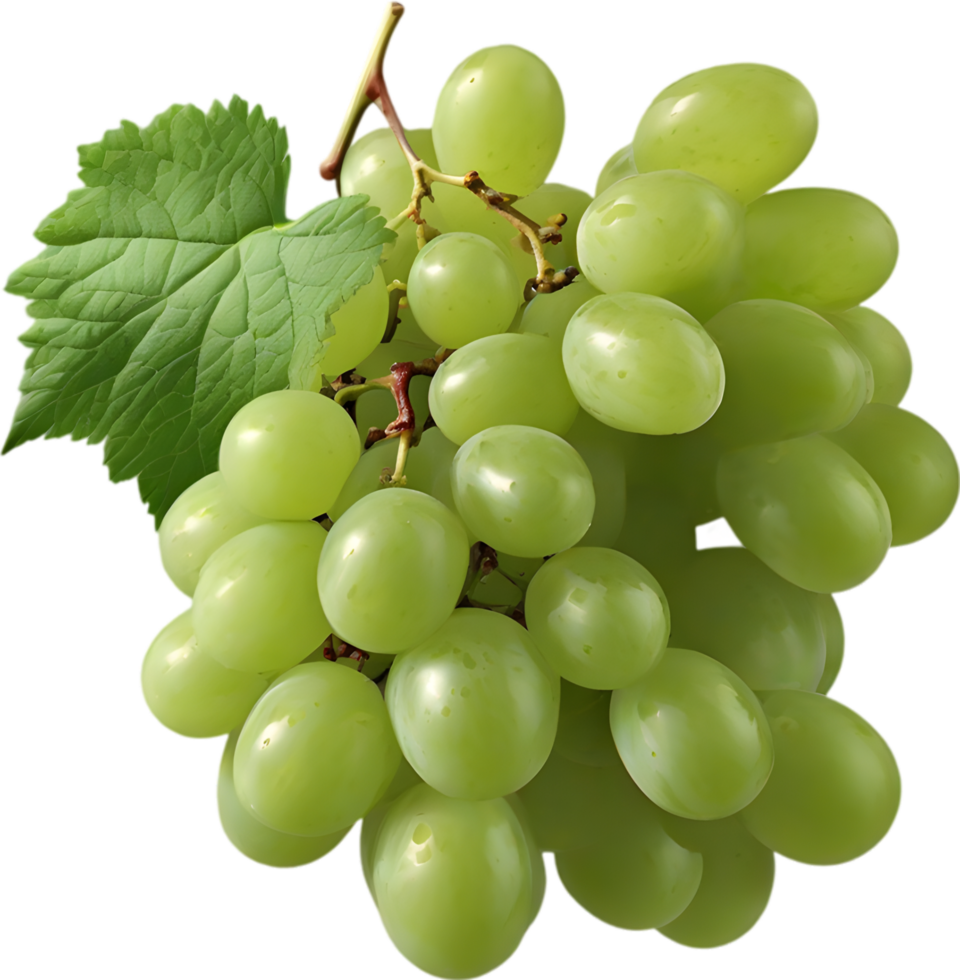 A bunch of green grapes with a green leaf attached. AI-Generated. png
