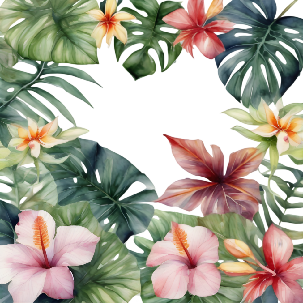 Tropical leaves and vibrant flowers, floral frame. AI-Generated. png