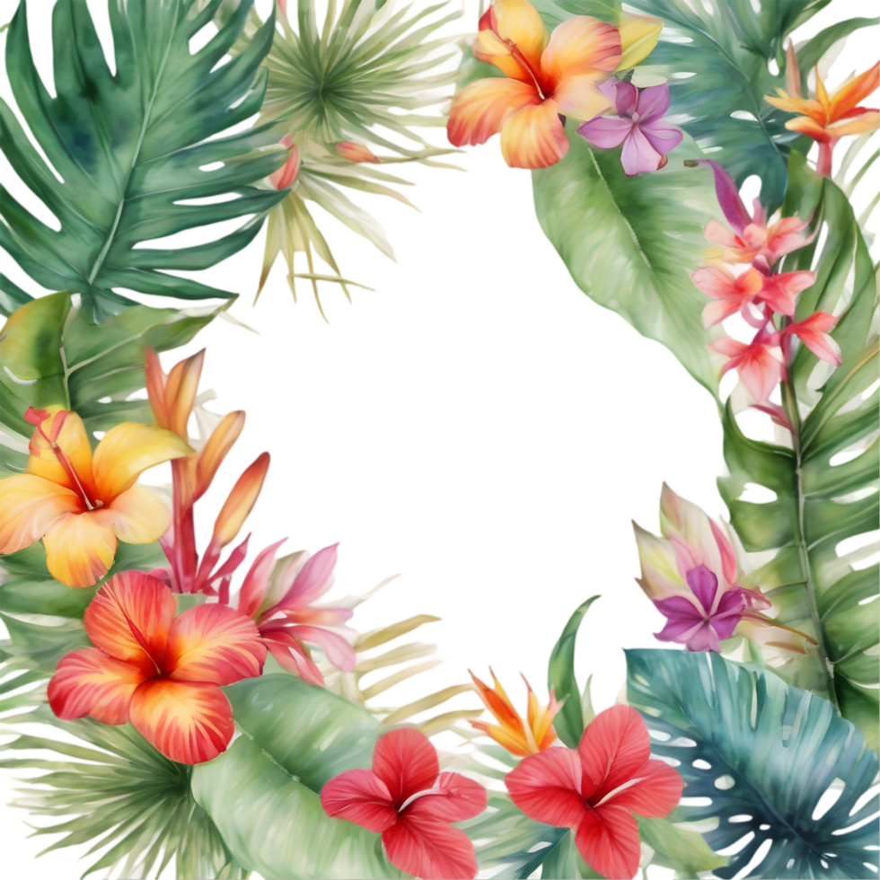 Tropical leaves and vibrant flowers, floral frame. AI-Generated. png