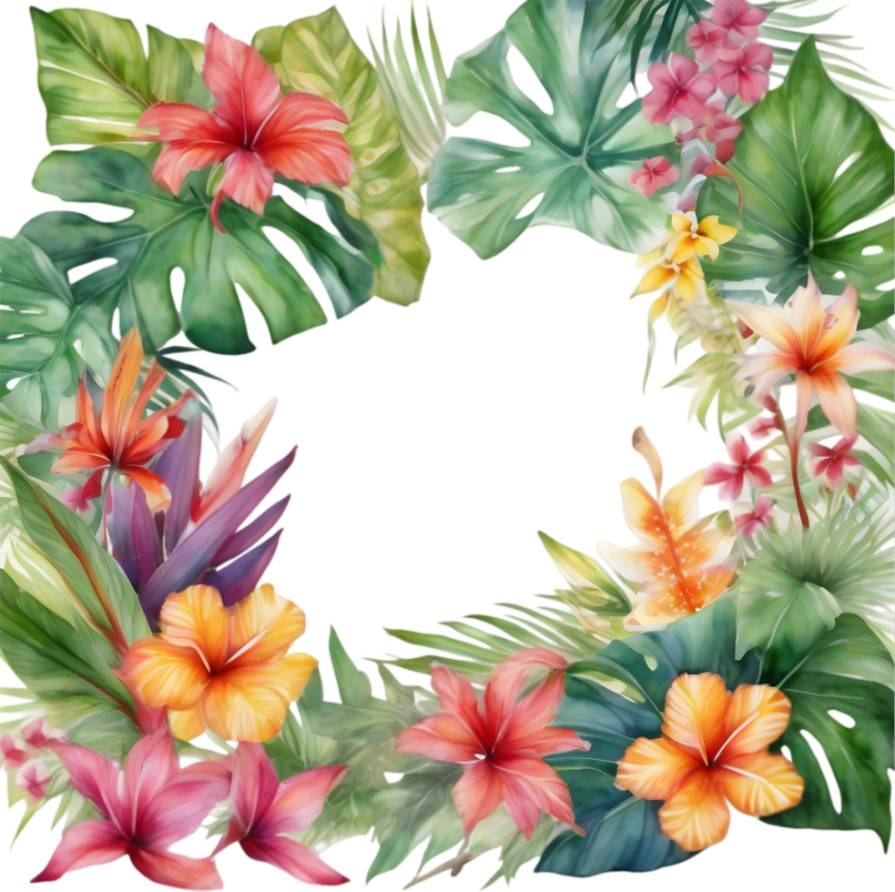 Tropical leaves and vibrant flowers, floral frame. AI-Generated. png