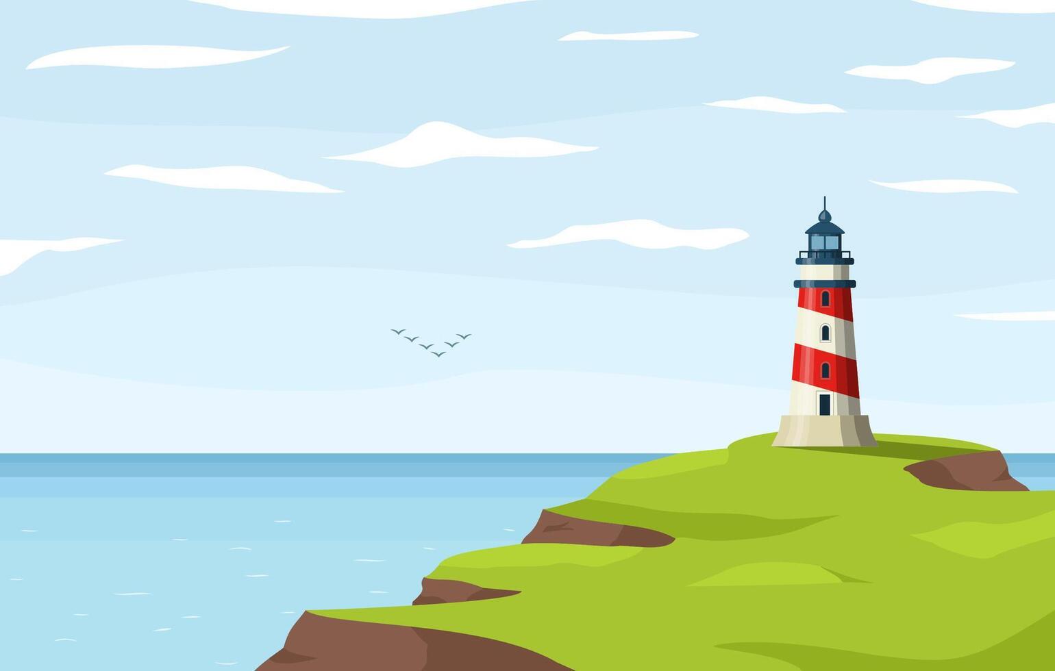 Lighthouse nautical tower on seashore. Sea coast or ocean beach rocks and lighthouse building. Coastline landscape with beacon. Hope symbol, expectation, solitude concept. illustration vector
