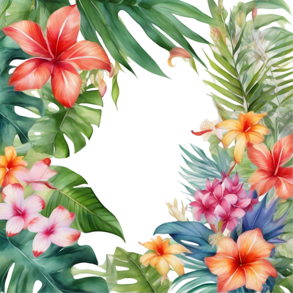 Tropical leaves and vibrant flowers, floral frame. AI-Generated. png