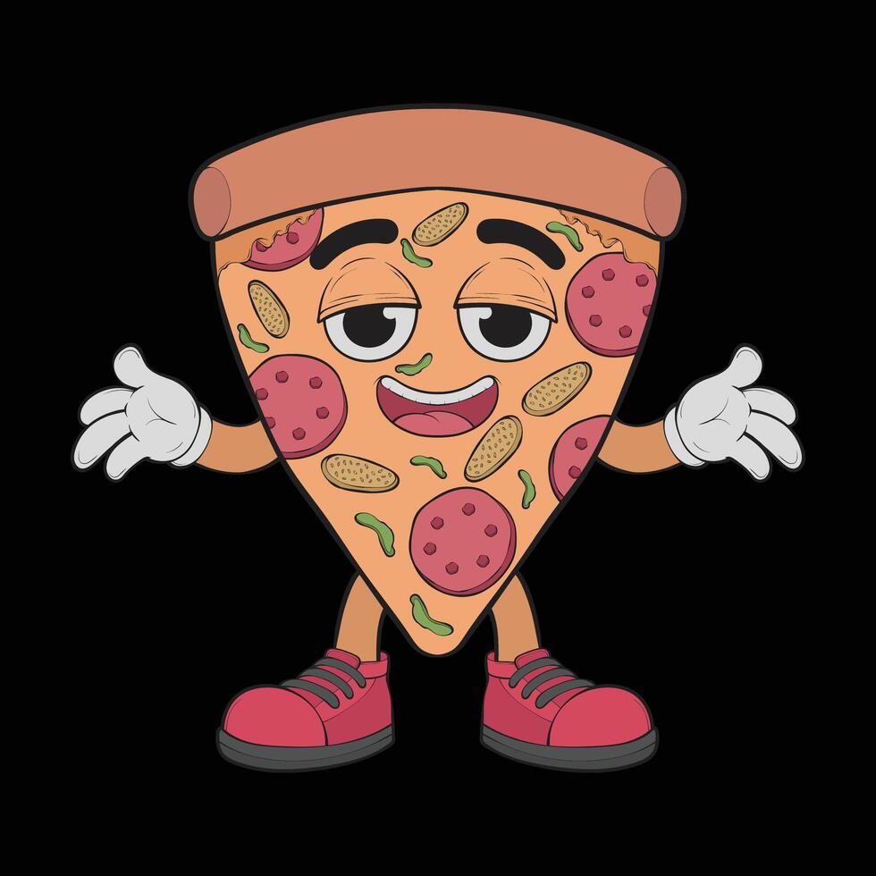 Cartoon pizza character. Happy pizzeria mascot character. coloring page. vector