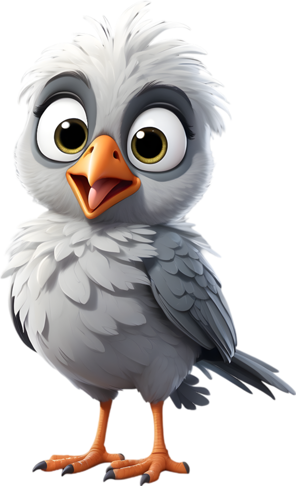 A cute cartoon-style bird with fuzzy gray feathers. AI-generated. png