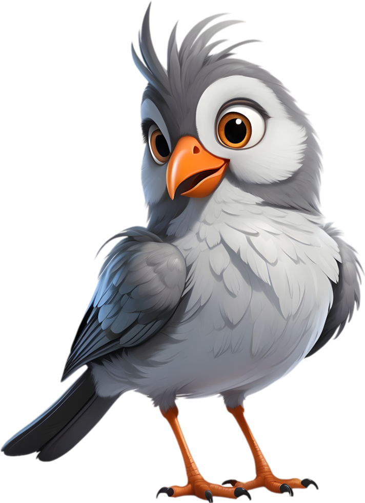 A cute cartoon-style bird with fuzzy gray feathers. AI-generated. png