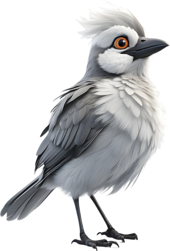 A cute cartoon-style bird with fuzzy gray feathers. AI-generated. png