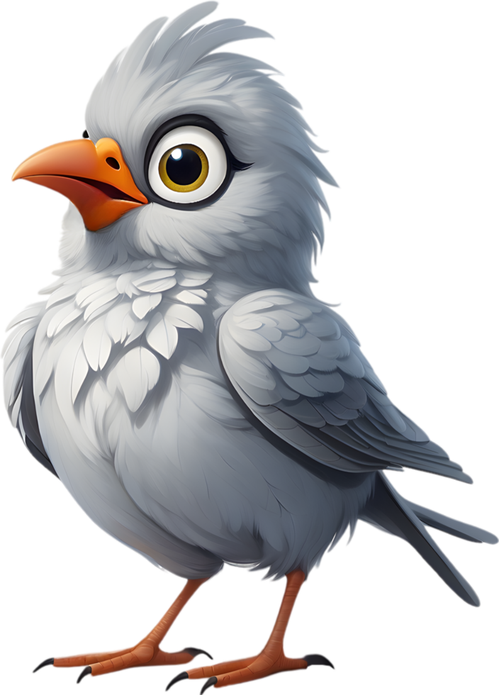 A cute cartoon-style bird with fuzzy gray feathers. AI-generated. png