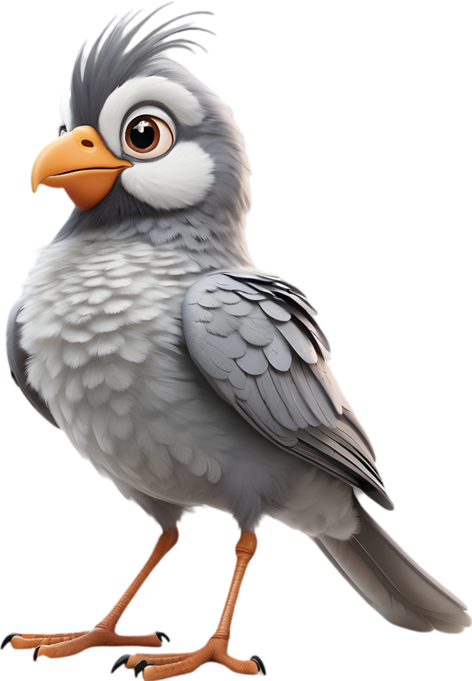 A cute cartoon-style bird with fuzzy gray feathers. AI-generated. png