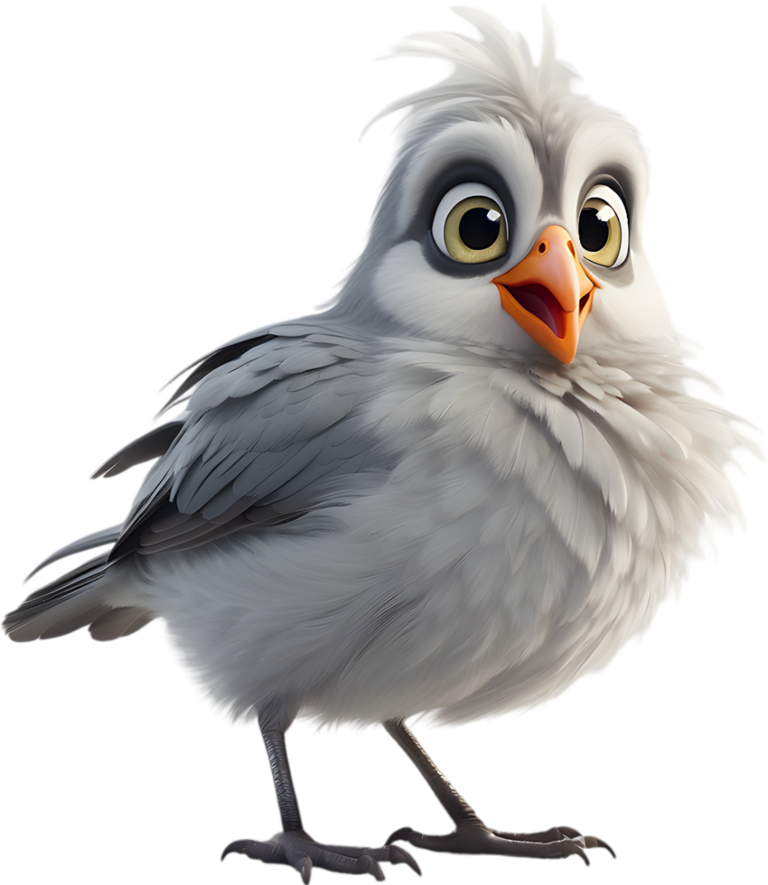 A cute cartoon-style bird with fuzzy gray feathers. AI-generated. png